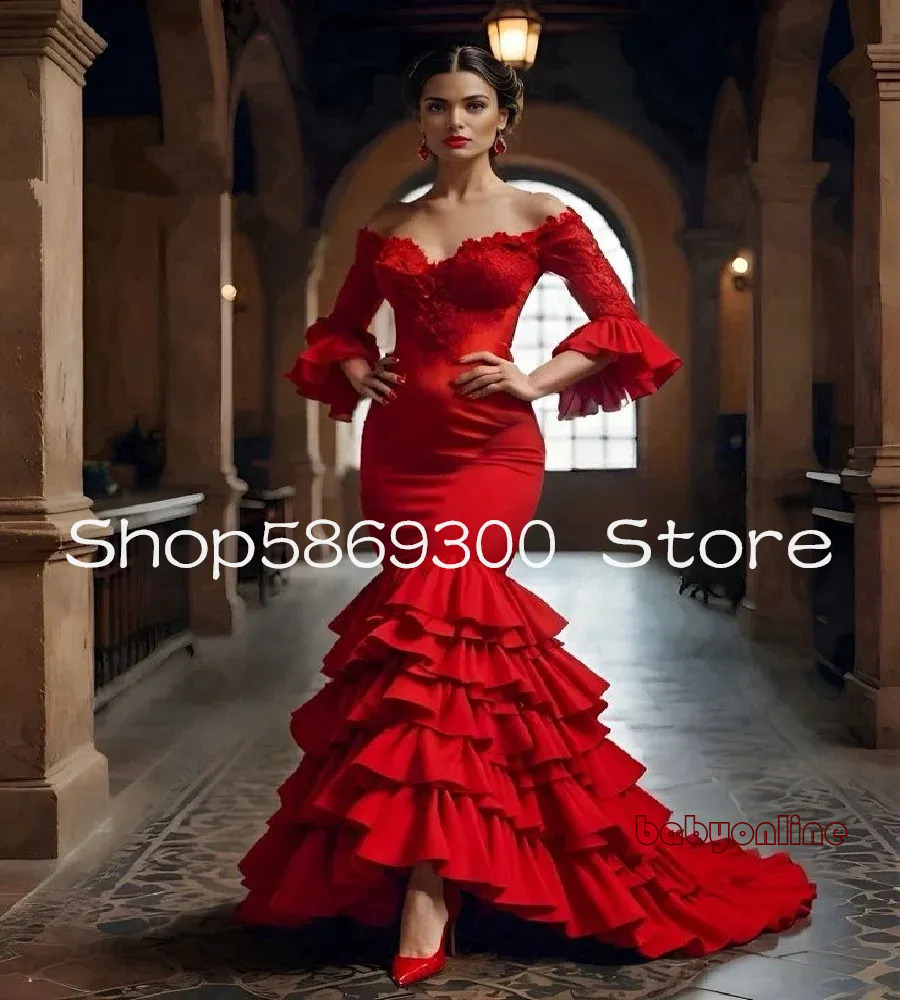 Flamenco Red Prom Dresses Gypsy Dancer Mermaid Evening Dress Tired Ruffles Elegant Formal Party Evening Gowns Spanish Customized