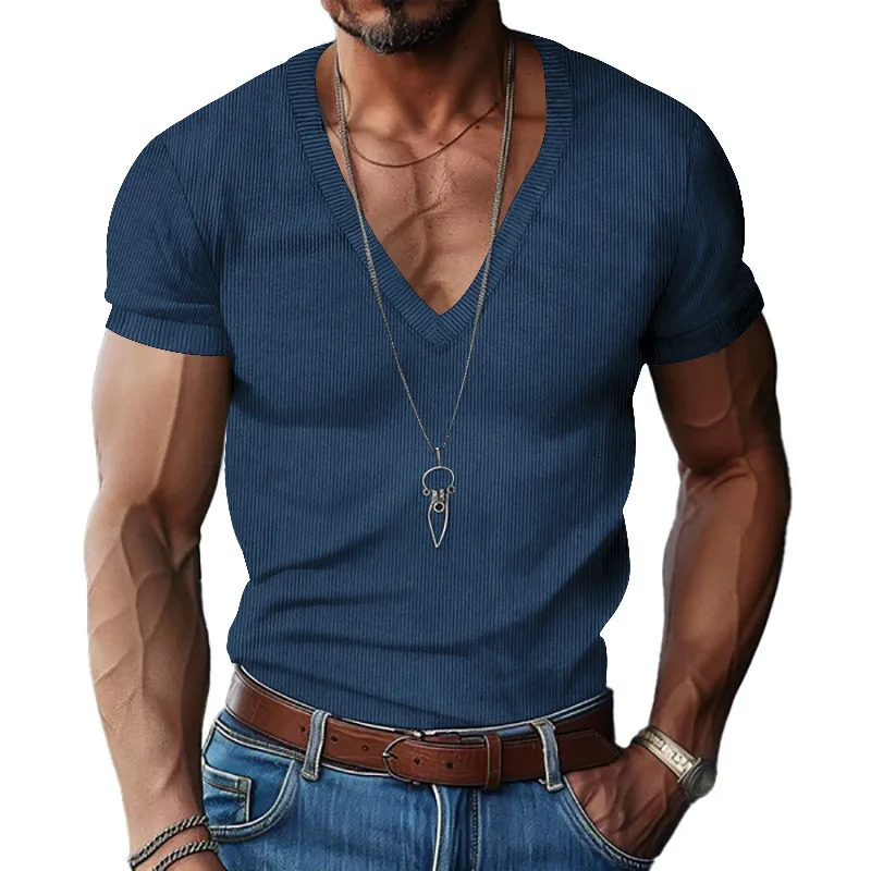corduroy European and American summer mens V neck solid color slim casual T shirt 260710 db