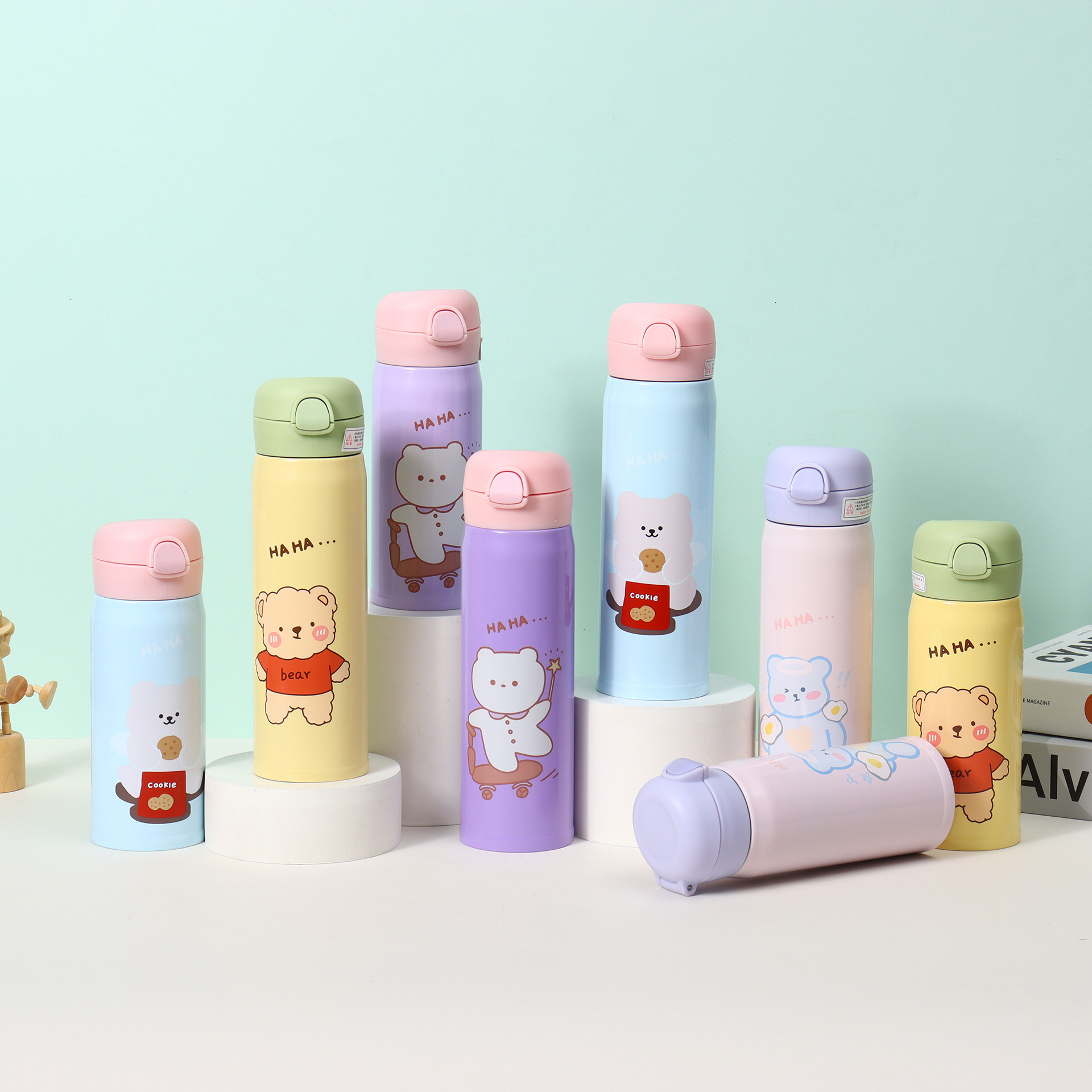 New 304 stainless steel insulated cute cartoon children's straw high-appearance bear water cup, pop-up cup