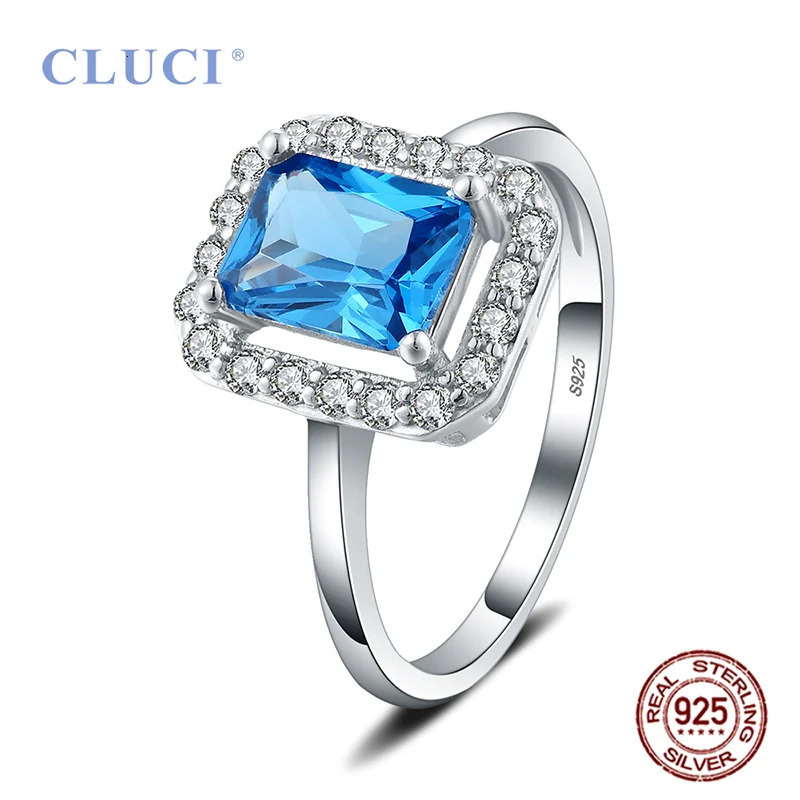 CLUCI Elegant 100 925 Sterling Silver White Blue Square Cubic Zircon Engagement Finger Rings for Women DR1049SB 260711BJ