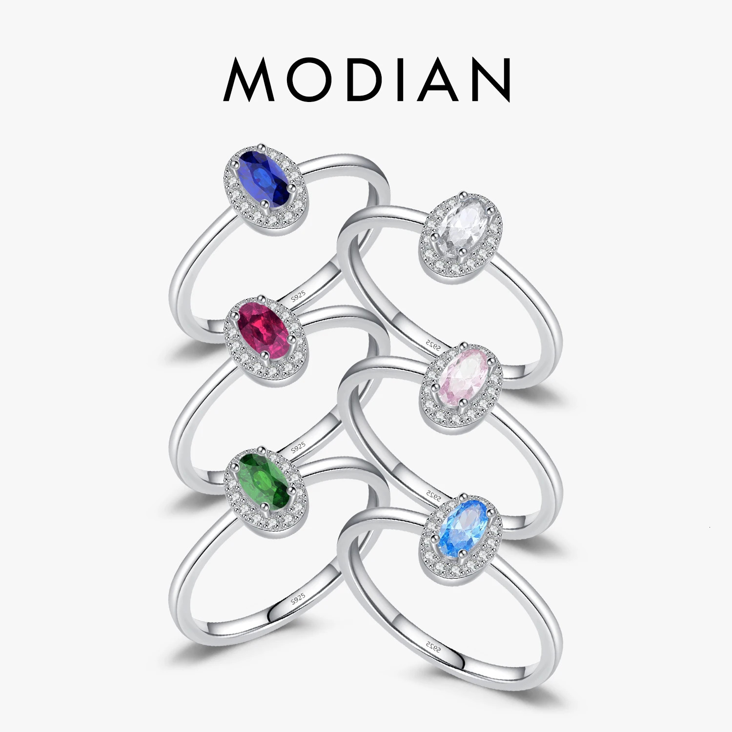 MODIAN 925 Sterling Silver Classic Elegant Oval Rainbow Colorful Zirconia Ring For Women Wedding Engagement Fine Jewelry 260711BJ