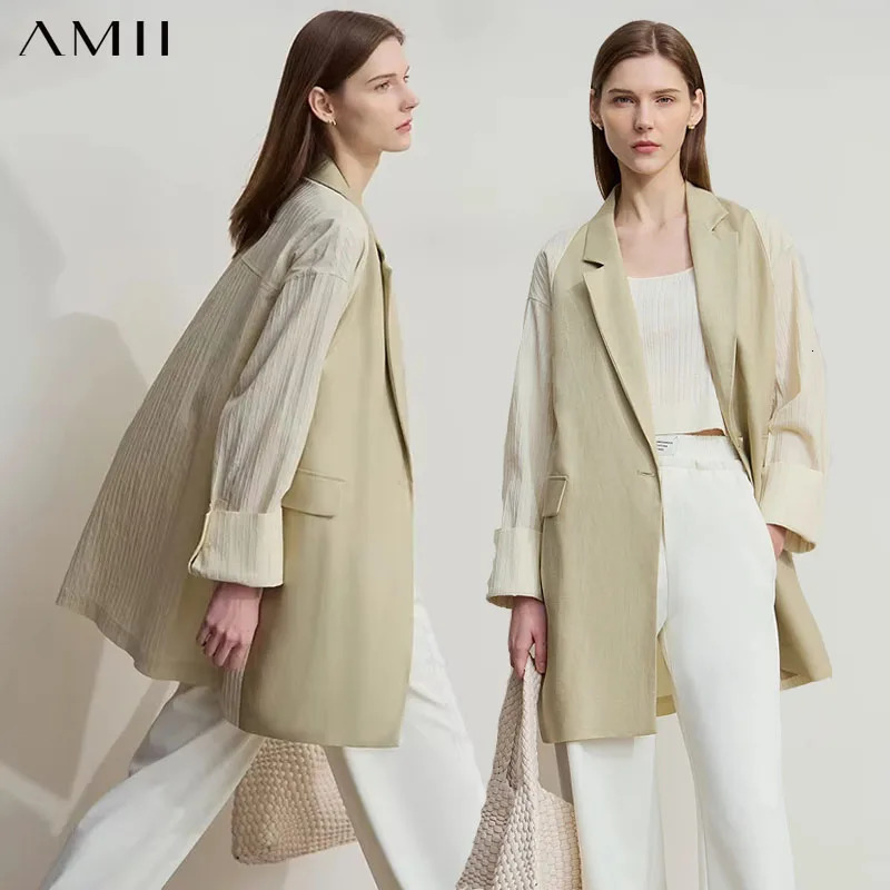 Amii Minimalist Womens Fashion Casual Jacket 2025 Autumn Lyocell Linen Collision Splicing Crumple Texture Loose Blazer 12551008 260708BANJIA