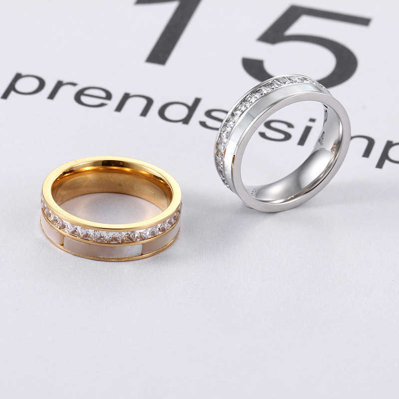 wedding Plain Band Ring Fashionable Wide Sided Diamond Encrusted Full Circle Shell Stainless Steel Electroplated 18K Jewelry Solid