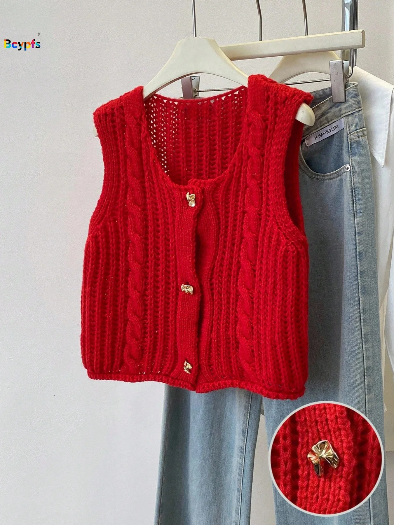 Red y Knit Cardigan Vest Women Sleeveless Button Up Hollow Out Cropped Tank Top Casual Office Daily Outerwear 260711banjia