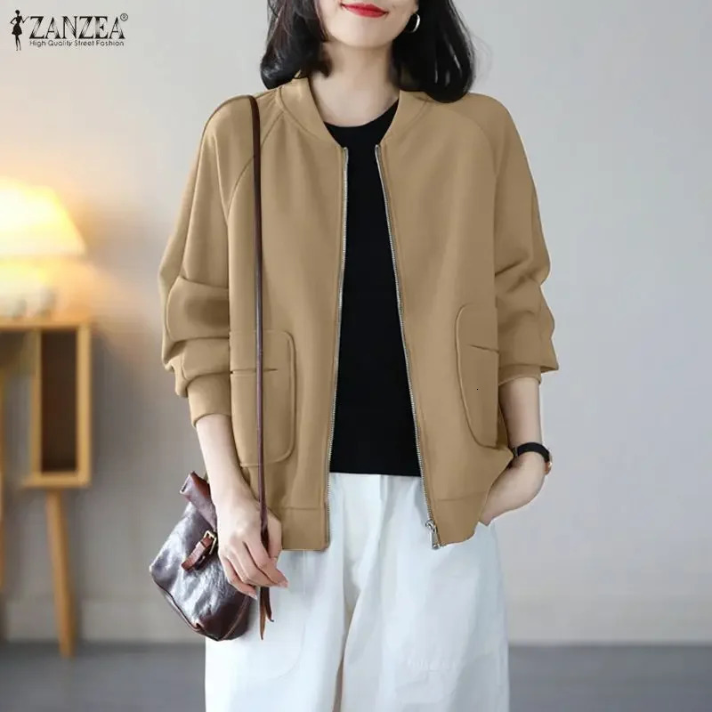 ZANZEA Womens Fashion Baseball Jackets Casual Long Sleeve ZipUp Solid Color Minimalist Coats Spring Autumn Woman Outerwear 3XL 260630BANJIA