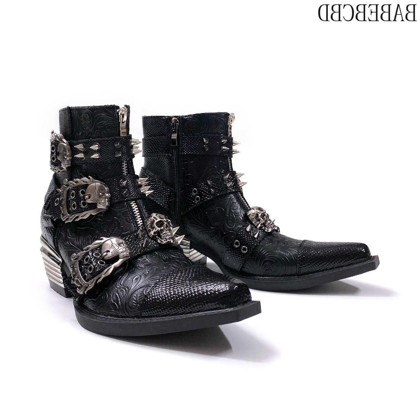 2026 Genuine Leather Pointed Mens Punk Metal Western Cowboy Womens Niche Design Dark Boots H260711
