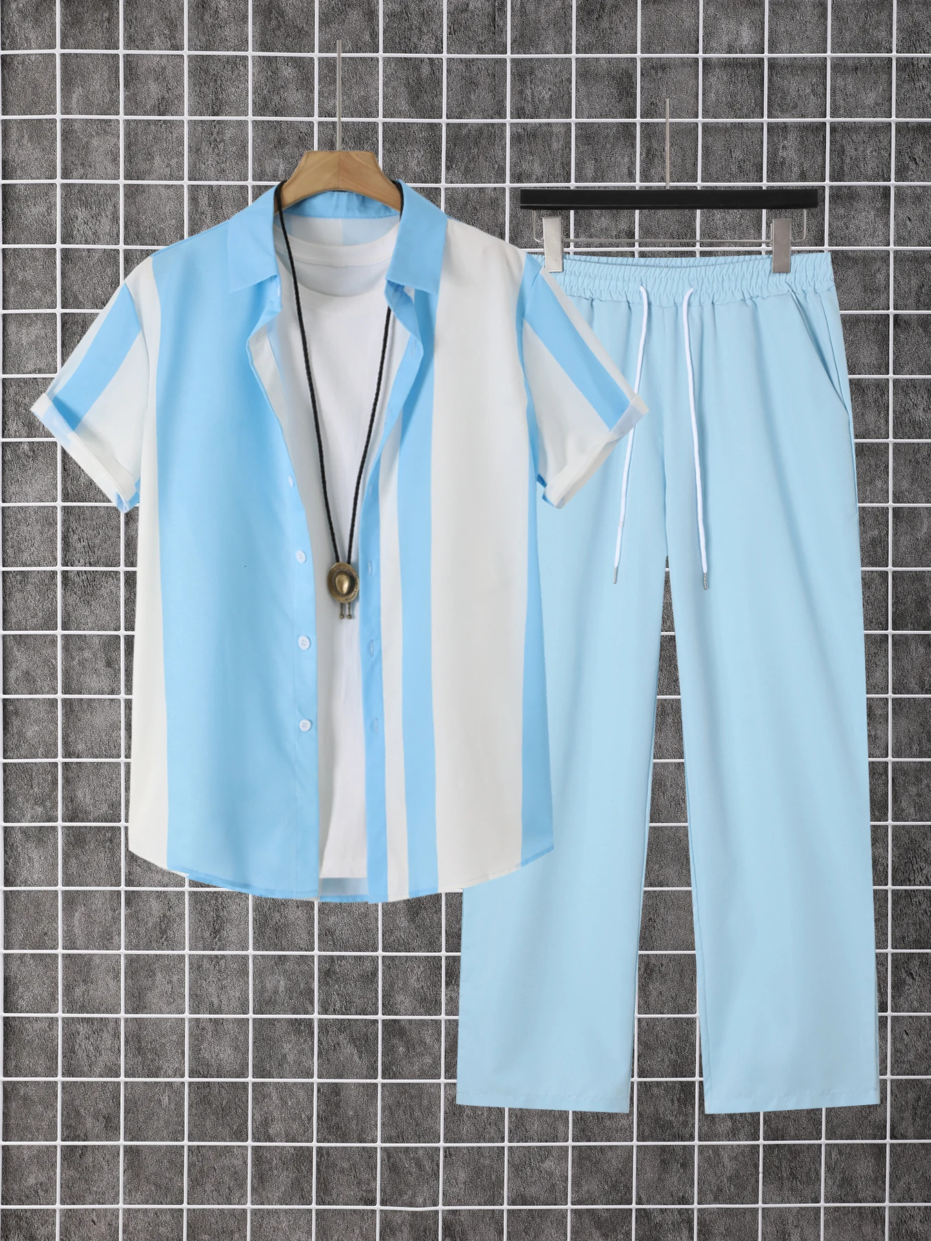 2Piece Printed Mens Summer ShortSleeved ButtonDown Shirt and Pants Set 260709BJ