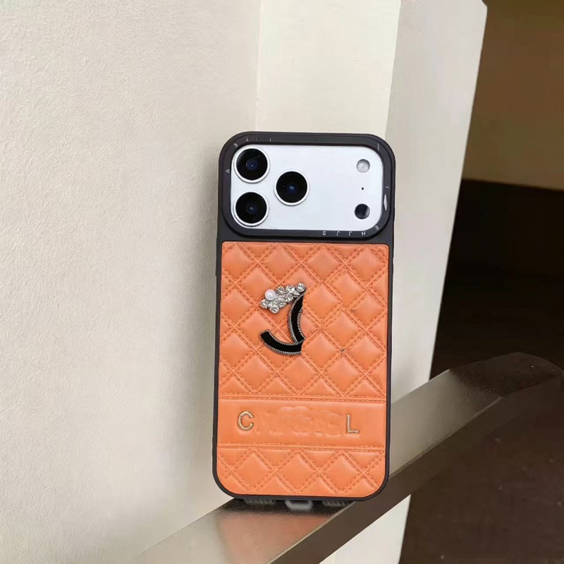Luxury Quilted Leather Designer Phone Case For iPhone 17 16 Pro Max 15 14 13 12 Rhinestone Double C Logo Big Camera Window Shockproof Protective