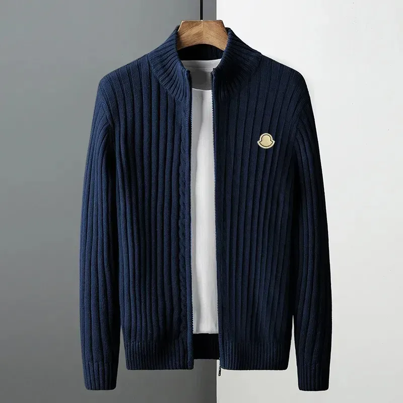 2026 Luxury Designer Men Full Zip Knitted Cardigan Stand Collar Vertical Rib Wool Sweater Badge Embroidery Casual Autumn Winter Knit Outerwear S-3XL