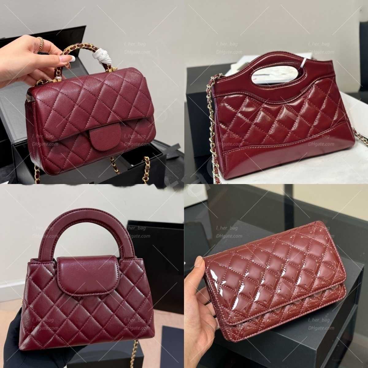 2026 Cross Body Designer Crossbody Bag Ladies Small Handle Tote Bag with Chain Strap Mini Burgundy High Quality Leather Shoulder Bag Diamond Lattice
