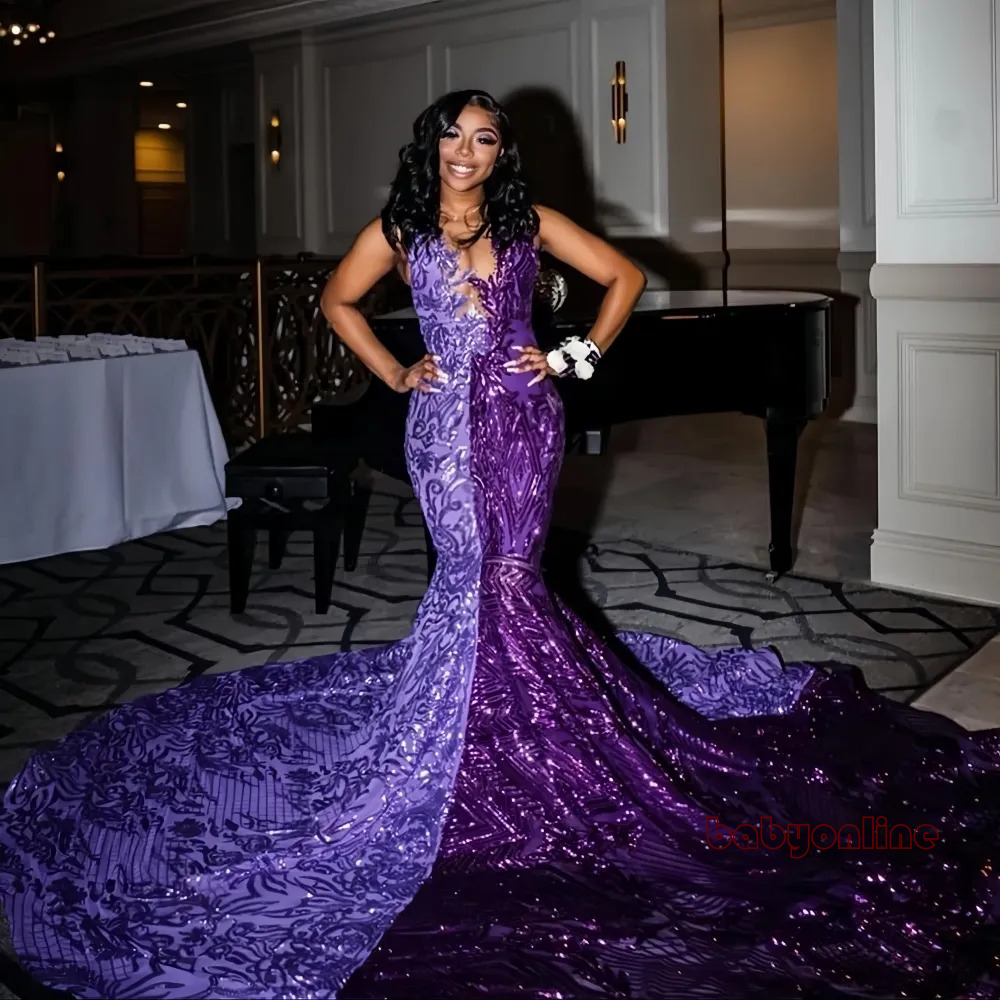 Glitter Sequined Mermaid Prom Dresses Lavender And Purple African Pageant Party Gowns Sleeveless Sheer V Neck Colorful Shiny Evening Dress For Black