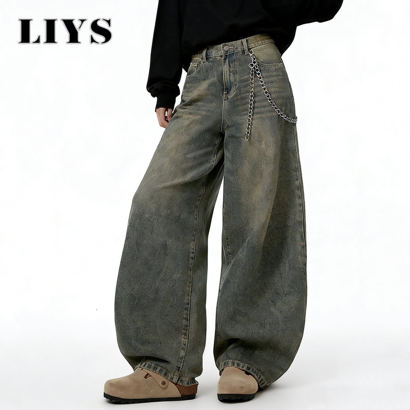 LIYS American Retro Baggy Wide Leg Jeans Mens Streetwear Distressed Y2K Clothing Casual Daily Four Seasons Denim Pants Unisex 260709BJ