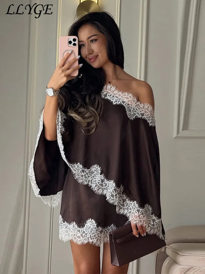 Elegant Satin Lace Womens Skirt Set Asymmetric Off Shoulder Full Sleeve Top Hip Package Mini Skirts 2026 Summer Lady Party Suit 260711