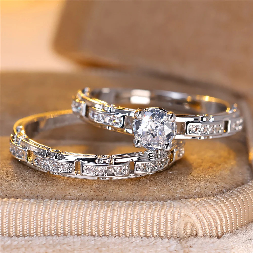 Crystal Female White Zircon Stone Ring Set Fashion Vintage Silver Color Bridal Wedding Engagement Jewelry For Women 260711BJ