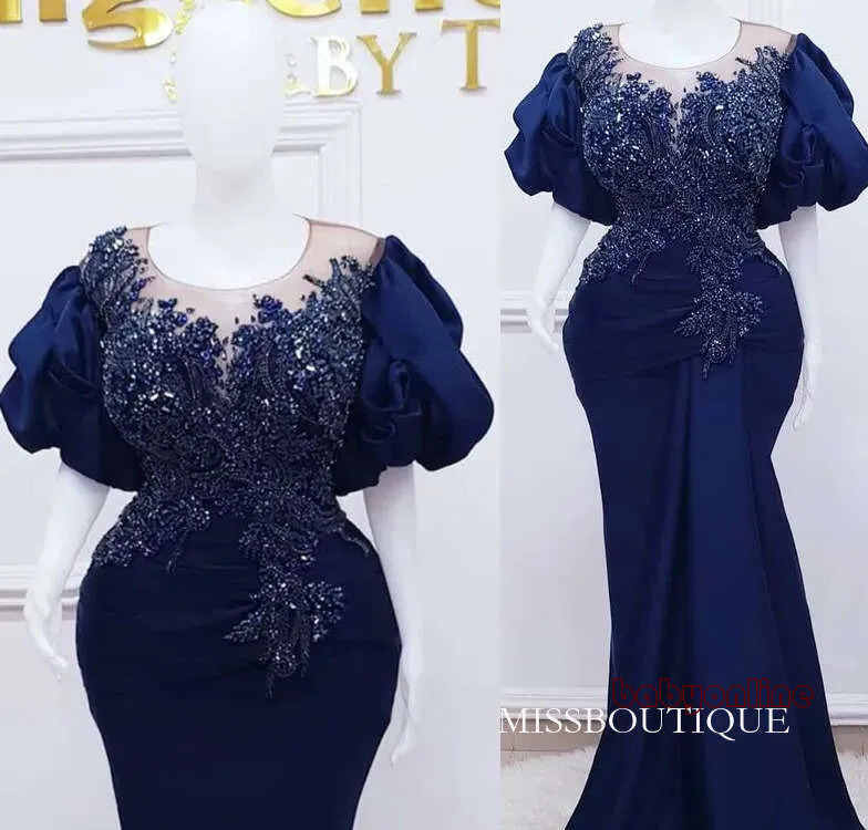 Plus Size Arabic Aso Ebi Royal Blue Mermaid Prom Dresses Lace Beaded Crystals Evening Formal Party Second Reception Birthday Engagement Gowns Dress