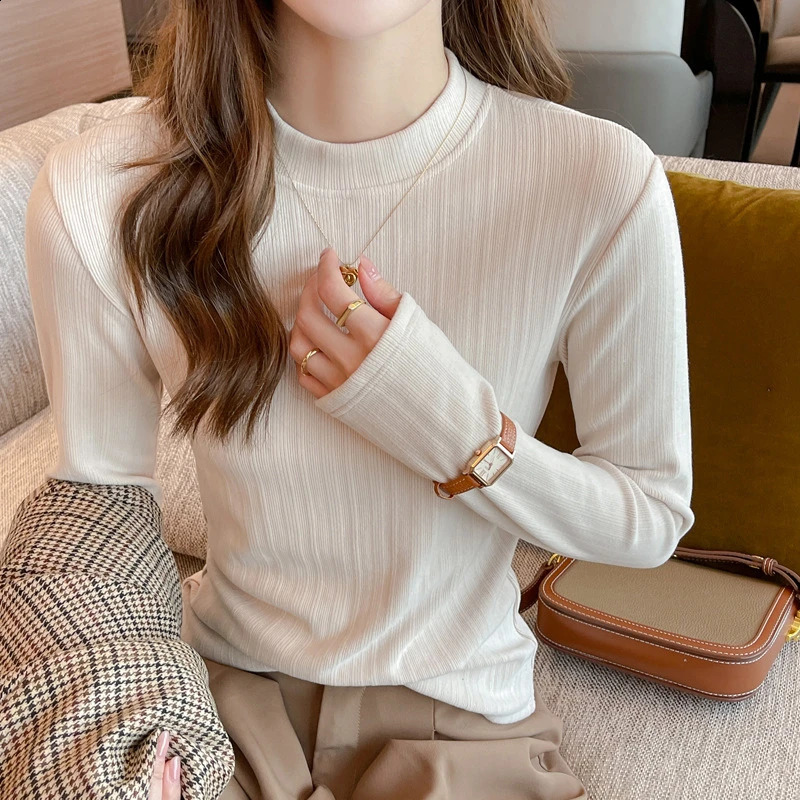 Elegant Mock Neck Ribbed Knit Top Women Autumn Winter Slim Long Sleeve TShirt Woman Korean Style Basic Solid Bottoming Shirt 260711banjia