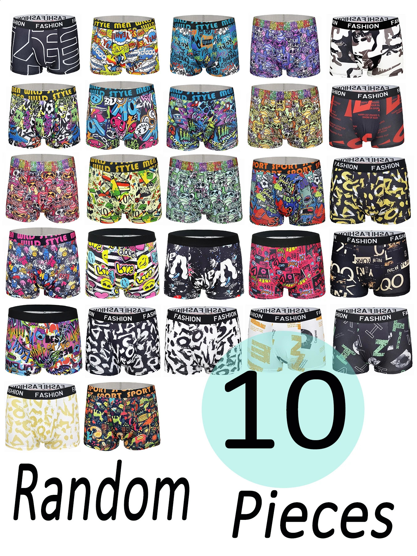 Mens 10Pack Polyester Boxer Briefs Random Graffiti Pop Art Pattern Assortment FASHION Waistband Underwear Set 260711banjia