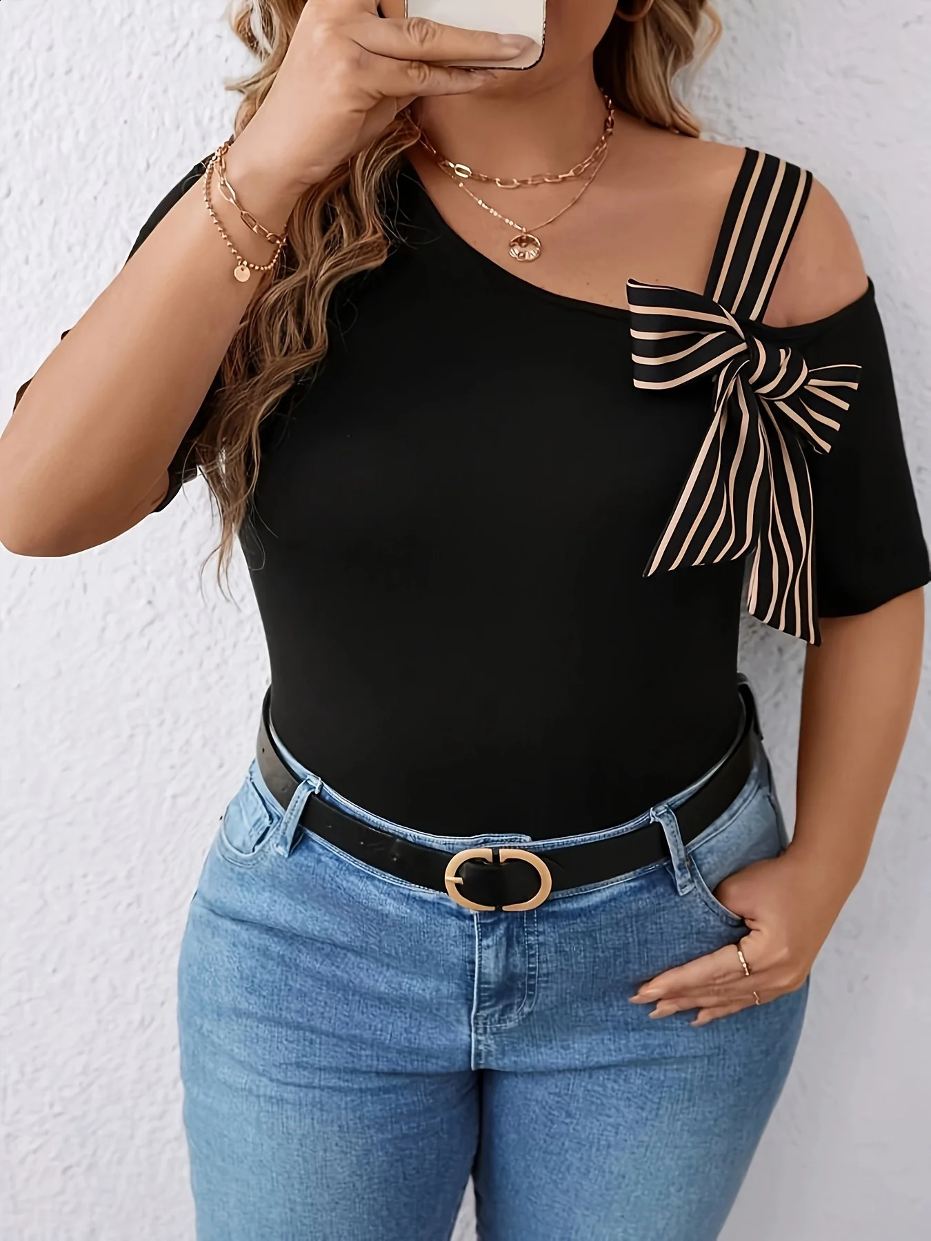 Largesize Womens Summer Striped Bow OffShoulder Asymmetric Hem Short Sleeve TShirt 260711banjia
