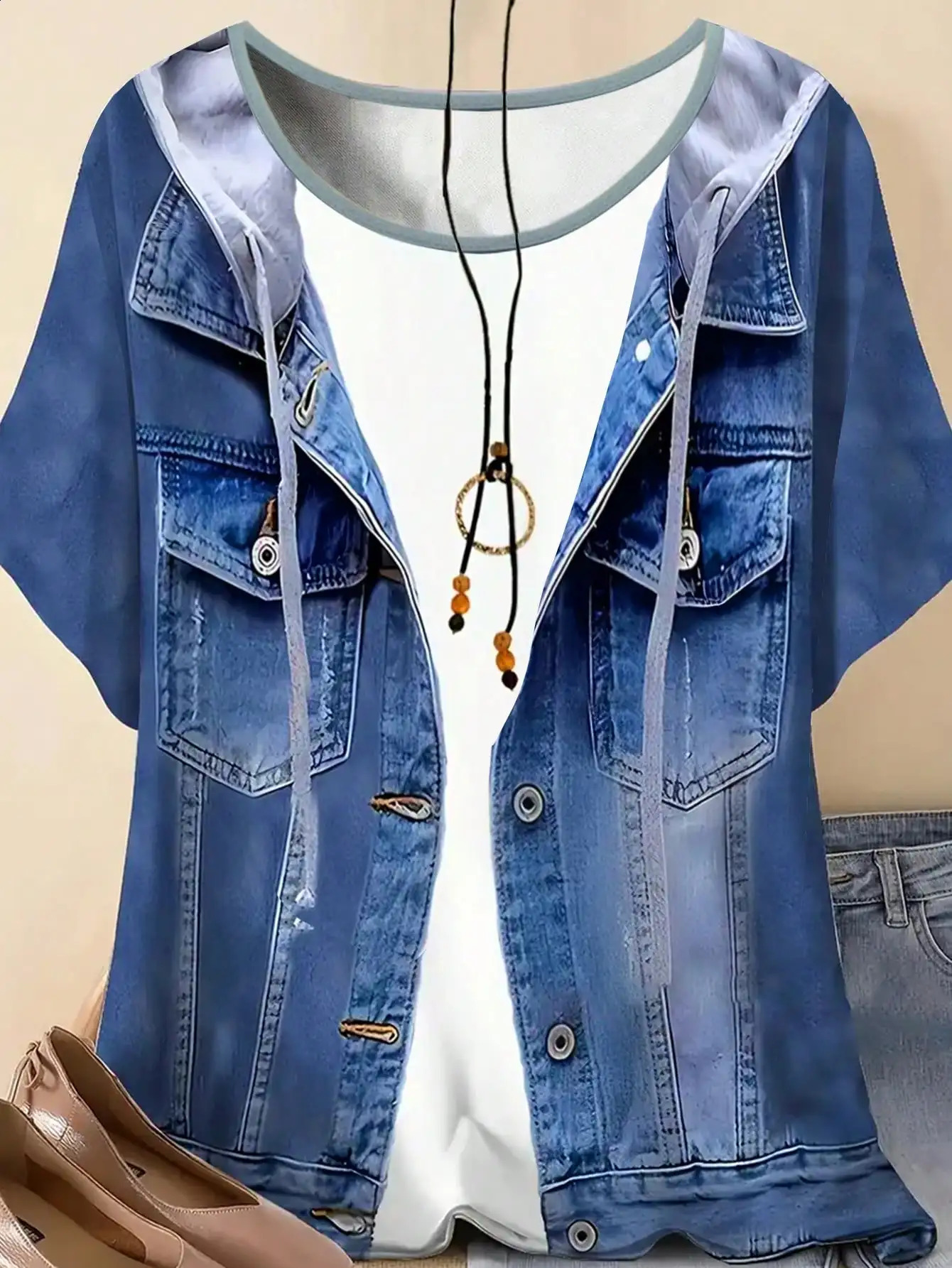 Plus size womens denim casual short sleeved round neck top Western style Tshirt versatile comfortable 260711banjia