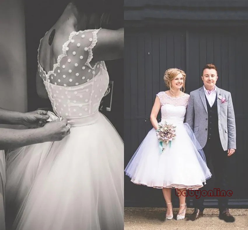 50S Fashion Tea Length Short Beach Dresses With Cap Sleeves Polka Dot Ruched Tulle Vintage Plus Size Wedding Gowns Custom