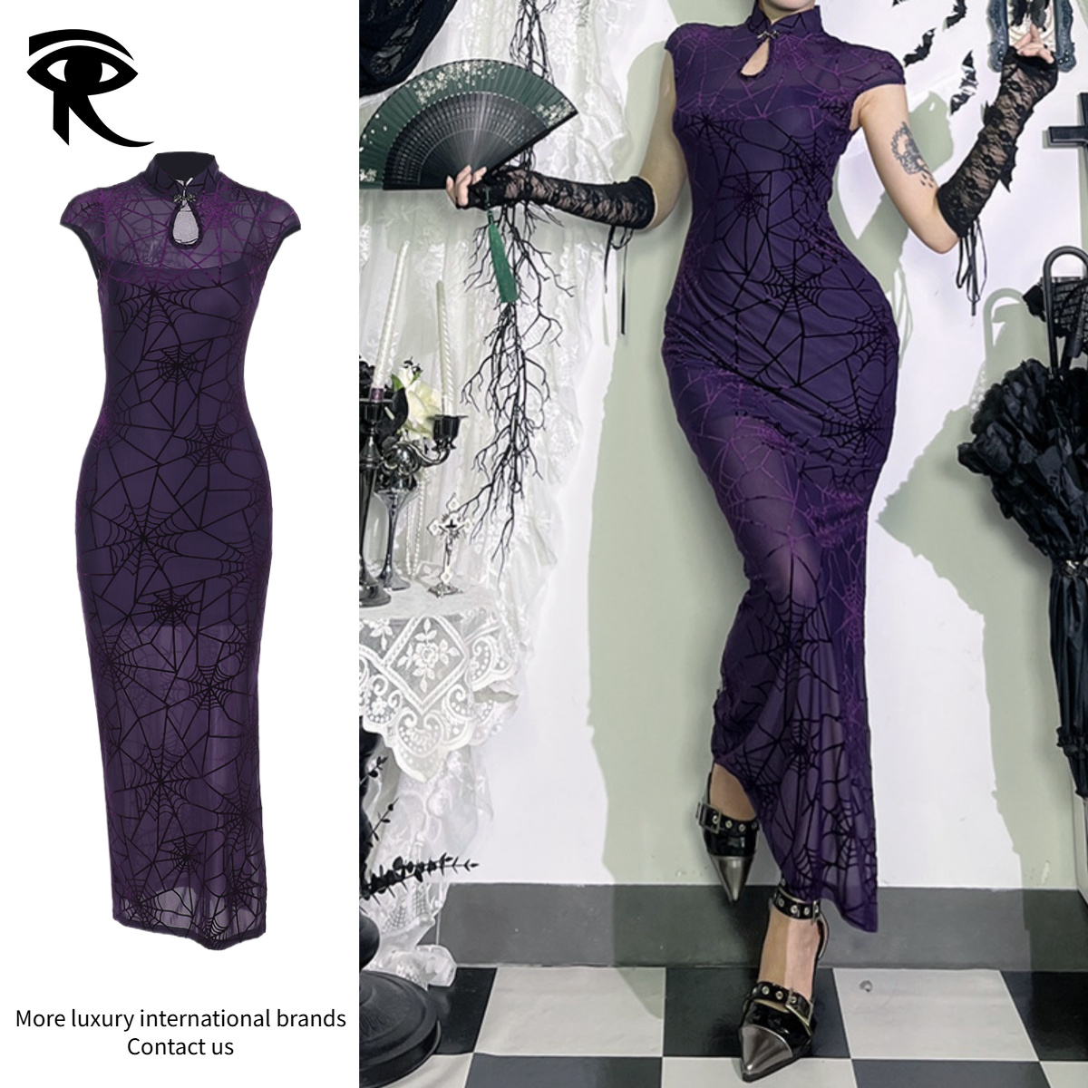 2026 Nouvel ensemble de robe Qipao gothique en maille de toile d'araignée Y2K, Cheongsam moulant à col montant de style néo-chinois, tenue de clu