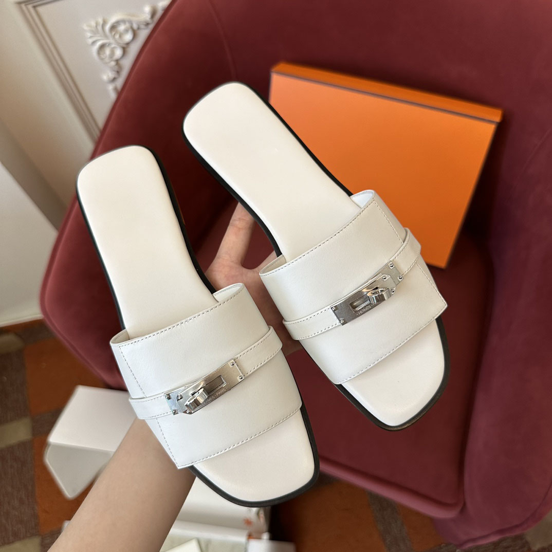 Designer Womens Summer Square-Toe High-Heel Slippers, Luxury Metal Buckle Soft Leather Block-Heel Womens Shoes, Stylish Ladies Sandals