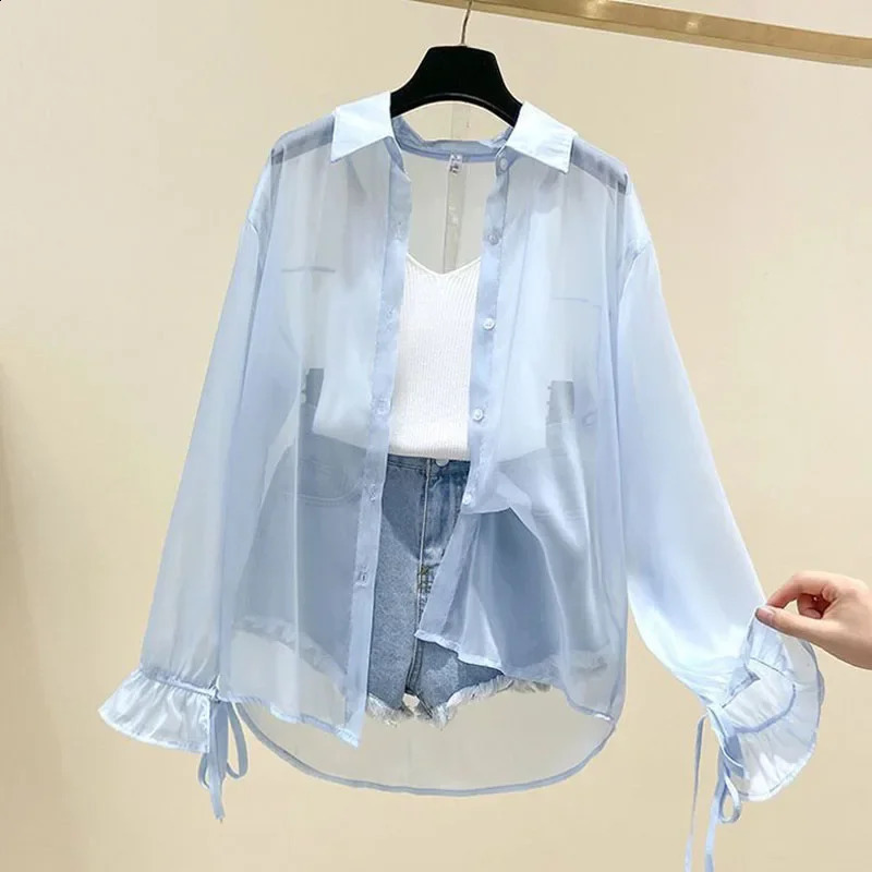 Smvp Chiffon Blouses for Women Summer Thin Loose ButtonUp Sunscreen Shirt Woman Korean Fashion Bow Laceup Long Sleeve Shirts 260711banjia