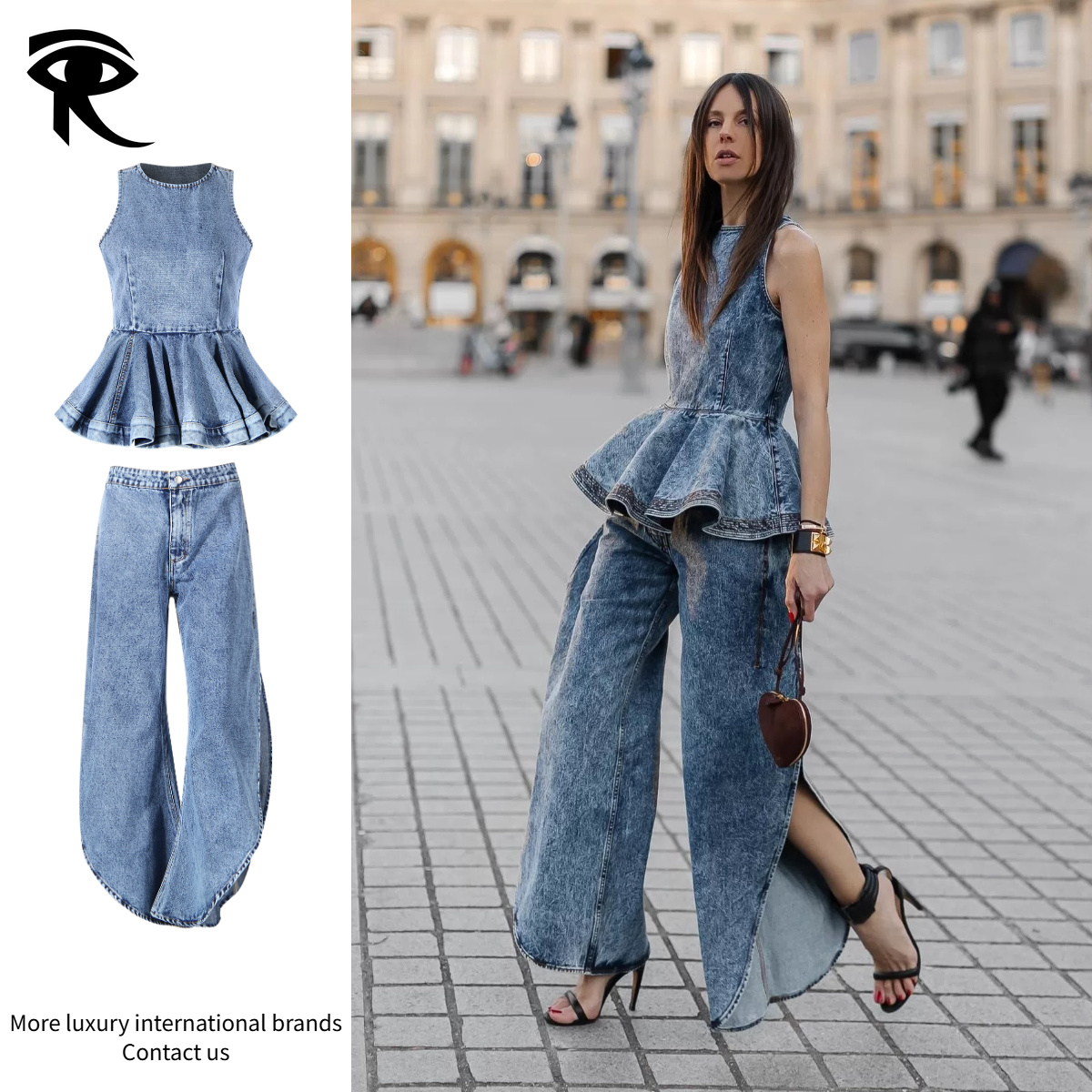 2026 Nouvel ensemble deux pièces en denim flocon de neige Vintage américain, gilet cintré à volants et ballon fendu, tenues de créateurs de rue,