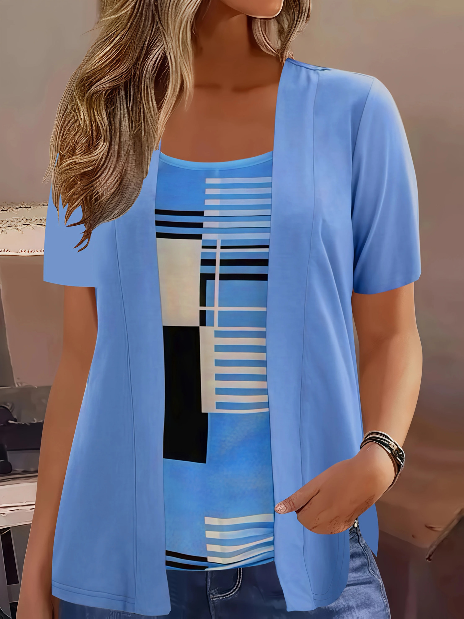 Elegant Geometric Print Mock TwoPiece TShirt Plus Size Womens Summer Casual Top Fashion Patchwork n 260711banjia