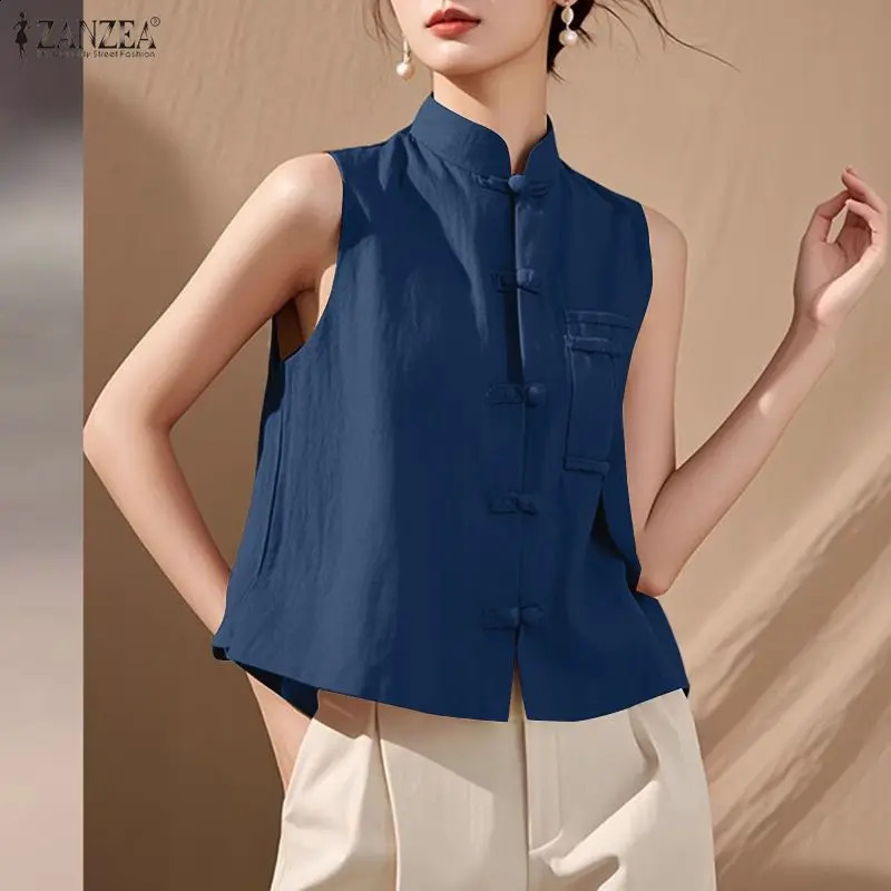 Stylish Summer Sleeveless Blouse ZANZEA Vintage Women Tanks Tops Stand Neck Buttons Up Camis Casual Solid Work Shirt Mujer Femme 260711banjia
