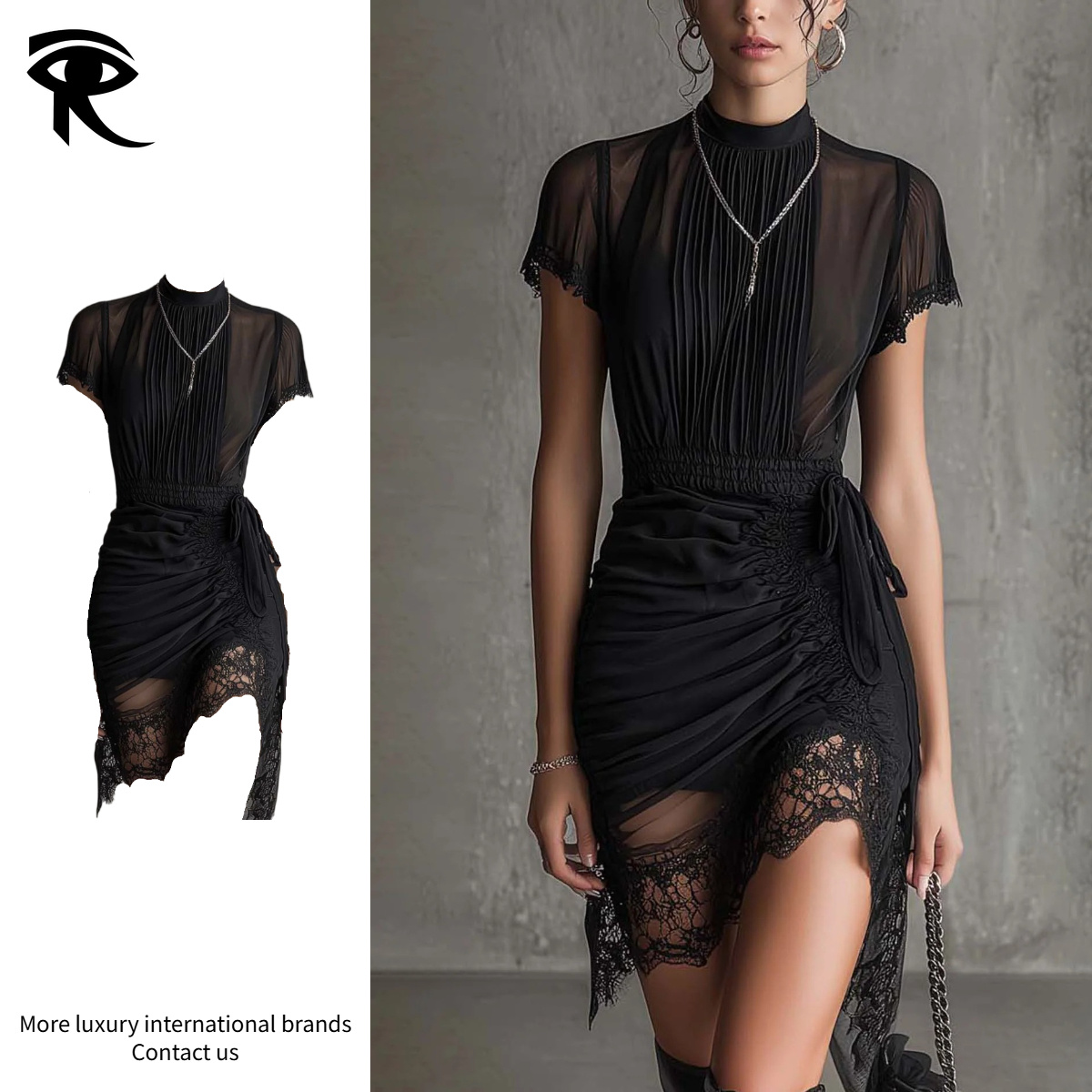 2026 Nouvelle robe patchwork en dentelle noire de style occidental, mini-jupe élégante à col montant et fente haute froncée, vente en gros de vêt