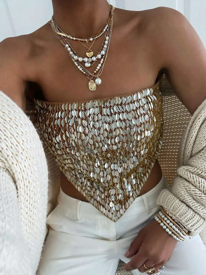 Bead Embroidery Women Strapless Vest Lace Up Top Triangular Sequin Exposed Navel Tank Blouse Backless Strap Sexy Crop Waistcoat 260711