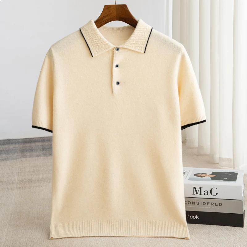 100 Merino wool mens lapel short sleeved sweater Tshirt knitted casual business pullover summe 260711banjia