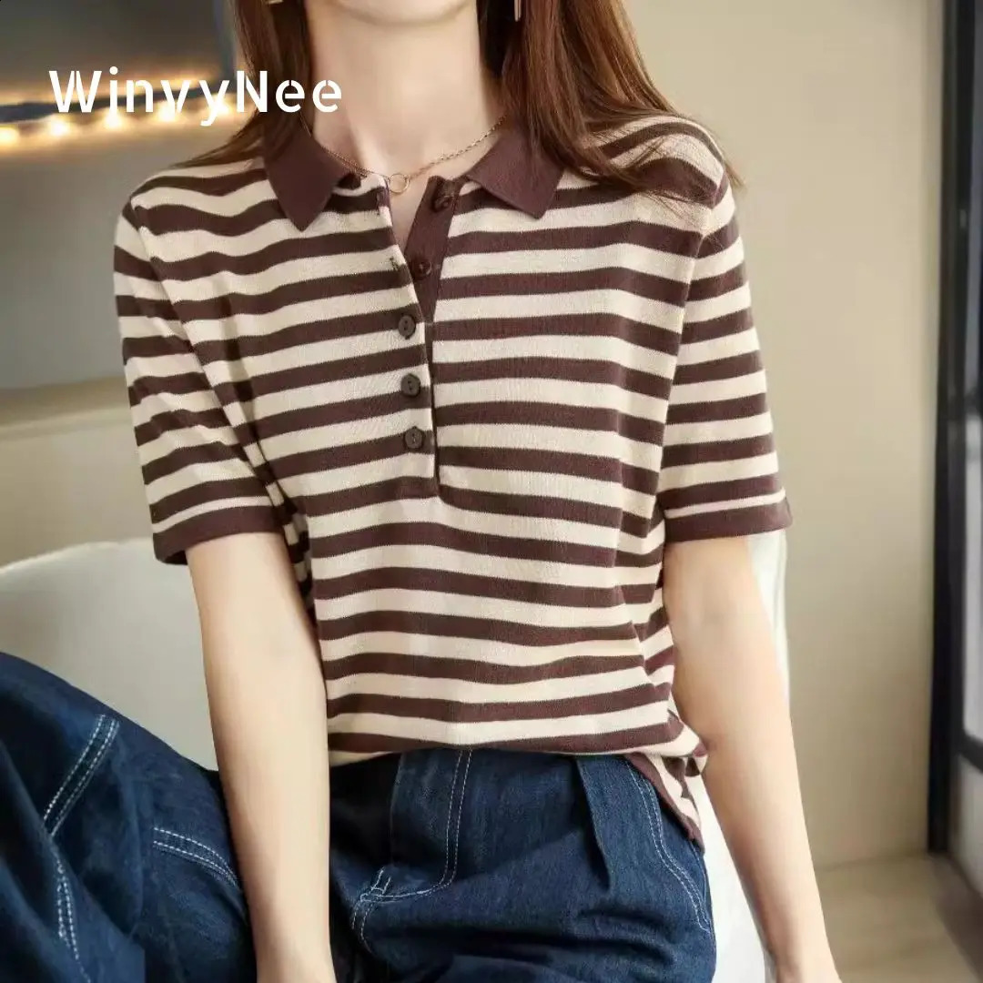 WinvyNee Summer Women 100 Cotton Striped Polo T Shirt Clother Tops Short Sleeve Sweater Casual Basic Pullover A1002004 260711banjia