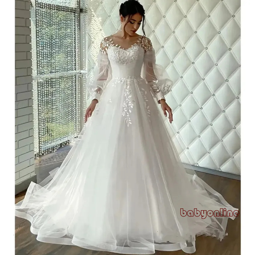 Modest Long Sleeves A Line Wedding Dresses Jewel Neck Classic Appliques Women Formal Brides Dress Elegant Tulle Bridal Gowns Boho Robe De Mariee Lac