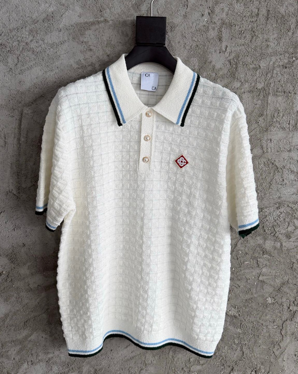 26ss Casabalnc Top Designer Knit Pullover Polo Shirt Men Early Autumn New Trendy Plaid Jacquard Pearl Button Cotton Towel Fabric Short Sleeve Loo-image-969020837