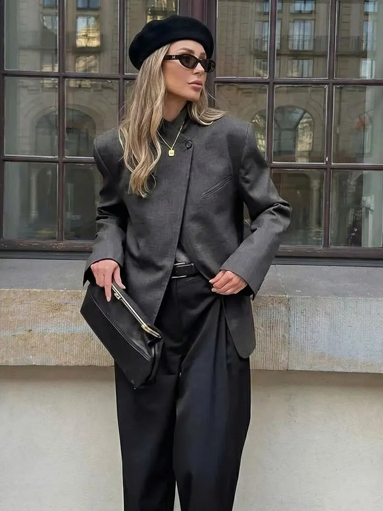 HH Women Casual Asymmetrical Dark Grey Blazer One Button Long Sleeve Jacket Coats 2026 Trend Vintage Solid Office Blazers 260708BANJIA