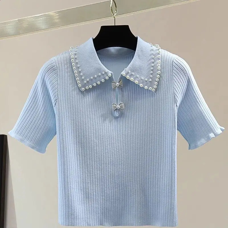 Womens Short Sleeve Lapel Neck Knitted Shirt Summer Casual Versatile Top Korean Style Slim Fit Embroidered Pullover D201 260711banjia