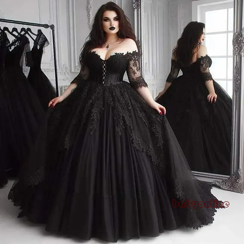 Princess Black Wedding Dresses Half Sleeves Off Shoulder Appliques Corset Gothic Bridal Ball Gowns Back Lace Up Plus Size Bride Dress