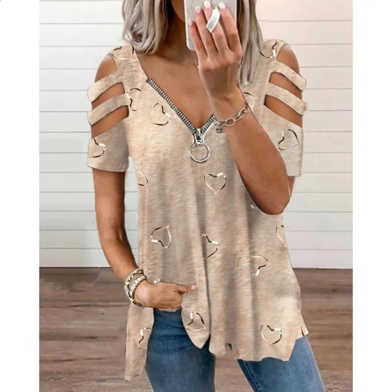Plus Size VNeck Zipper Print Sexy Hollow Short Sleeve Loose Casual TShirt Womens Tops 260711