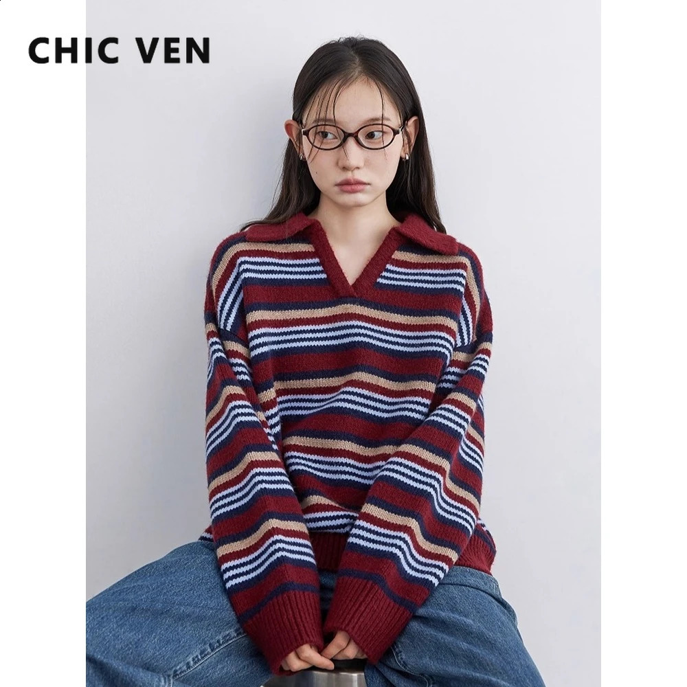 CHIC VEN Women Sweater Loose Casual Retro Contrast Striped Vneck Polo Neck Warm Knit Female Jumpers Pullover Autumn Winter 2025 260711banjia
