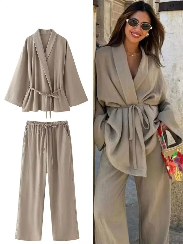 HH Women Loose Wide Leg Pant Set Fashion Lapel V Neck Long Sleeve Thin Blazer Coat With Belt 2024 Summer Ladies Solid Suit 260708BANJIA