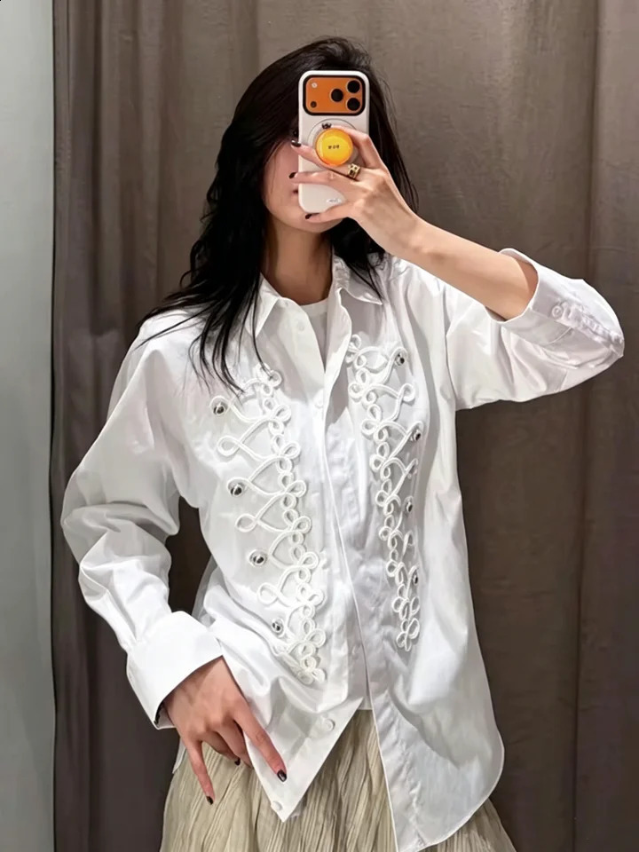 Autumn Knot Buckle Decoration White Shirt Causal Single Breasted Loose Full Sleeve Black Blouse Lady Chic Tops 260711banjia