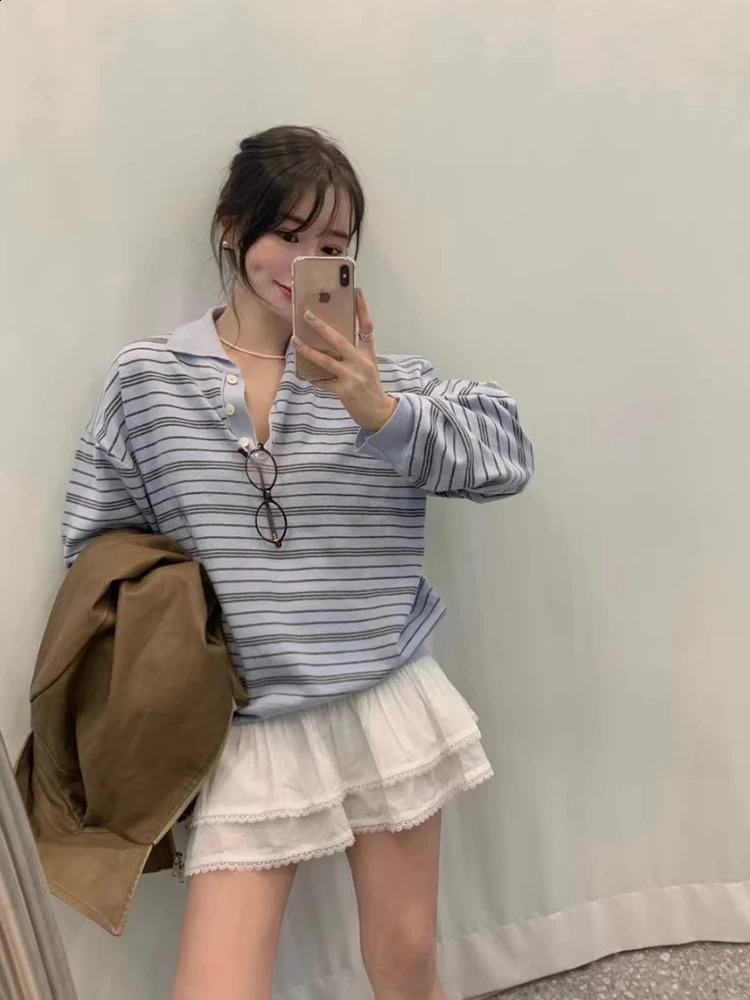 Sweet Style Striped Loose Long Sleeve Neck Knitted Sweater for Women Blue Milk Color Arrival Spring Season Casual Wear 260711banjia