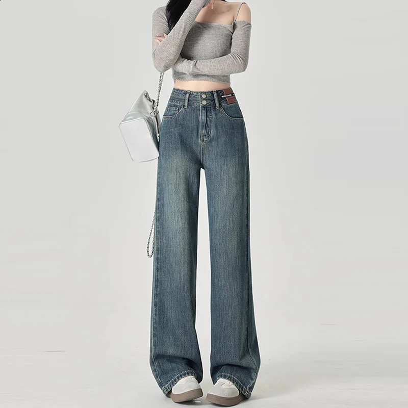 Womens N Cut Wide Leg Jeans With High Waist And Hanging Feeling Straight Casual Look Slim Contrasting Colors Pants 260701 b9