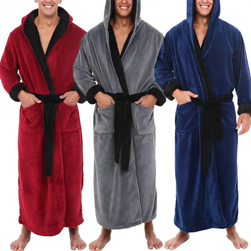Men Pajamas Coral Fleece Soft Flannel Long Belt sleepwear Kimono Winter Evening Dress Bathrobe Mens Underwear Pyjamas
