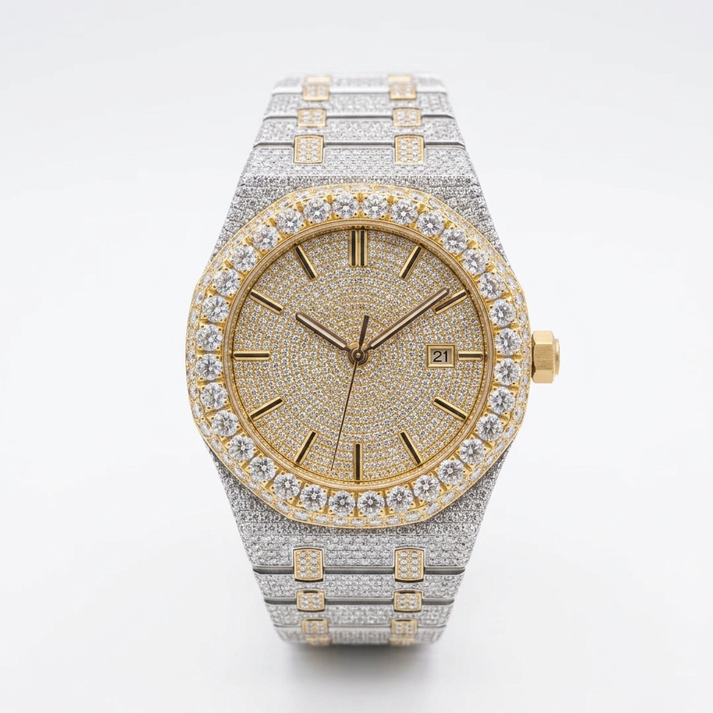 Montre moissanite de luxe D-VVS1 clarté acier inoxydable cadran bleu glace aiguilles lumineuses étanche 50M style hip-hop boîte cadeau incluse