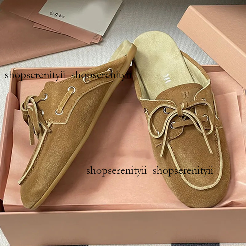 Womens Distinctive Style Faded Suede Deck Mules Luxury Quality Laced Upper Vintage Mules Sandals Non Slip Rubber Sole Flat Bottom Half Drag Shoes