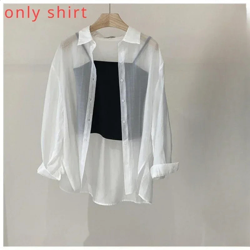 Mesh Shirts for Women Thin Summer Clothing Female Long Sleeve Loose Korean Style Sheer Soft Students College Turndown Collar 260711banjia
