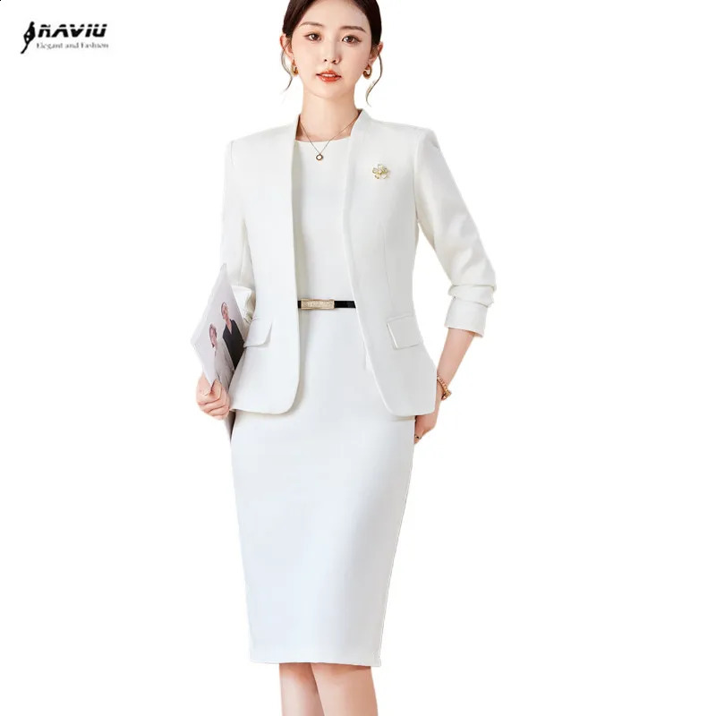 NAVIU Two Piece Dress Suits For Women Long Sleeve Solid Slim Fit Fashionable Momochromatic Office Ladies Work Wear White 260702banjia